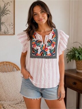 Boho floral embroidered striped shirt vacation beach cruise resort cottagecore